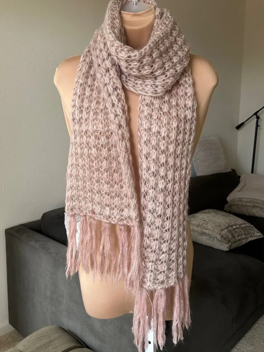 Dusty Pink Long Chunky Scarf Fringe Edges Gold Lurex NWOT